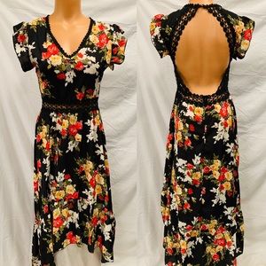 Chic Black Floral High Low Dress with Open Back